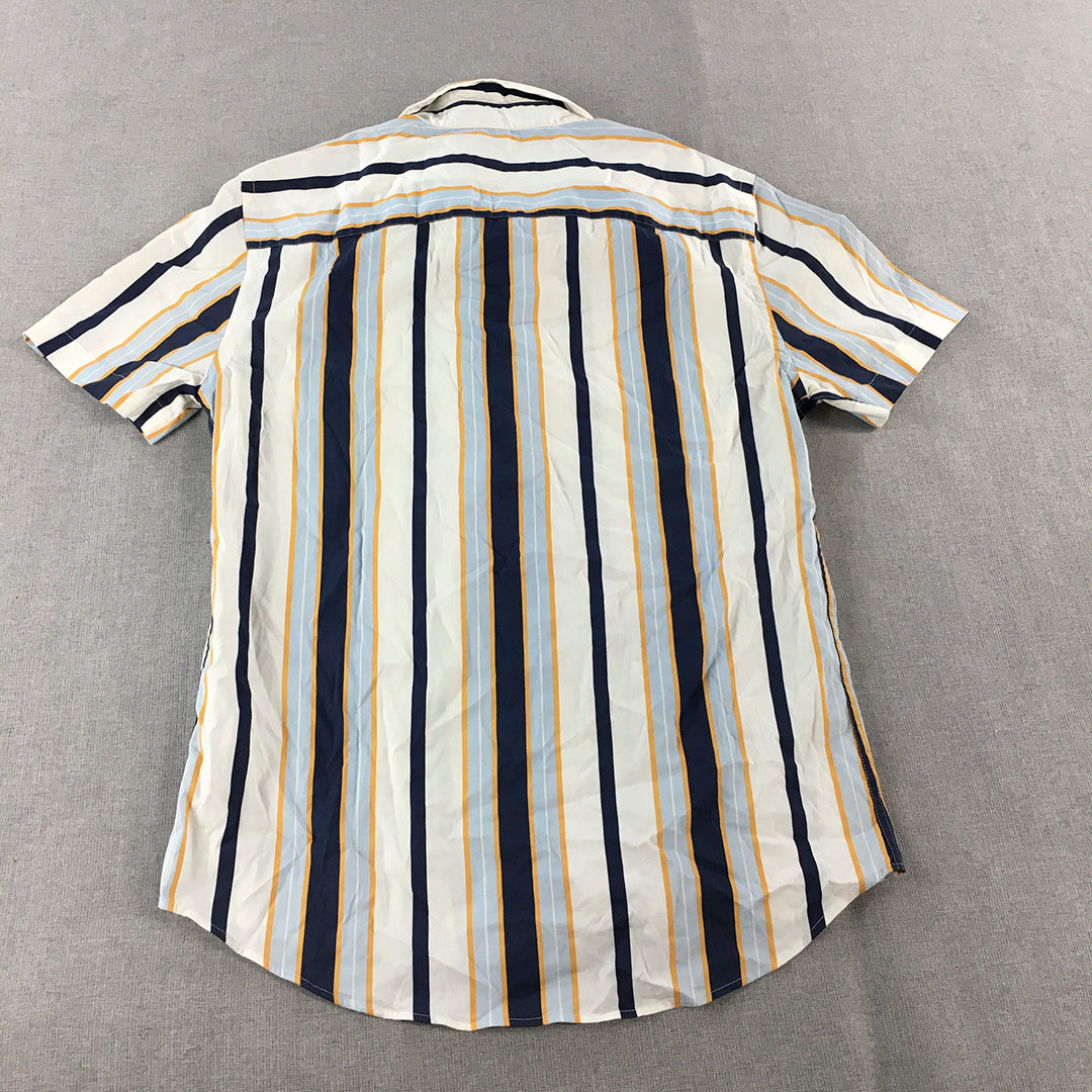 Zara Mens Shirt Size M White Blue Striped Slim Fit Button-Up Short Sleeve