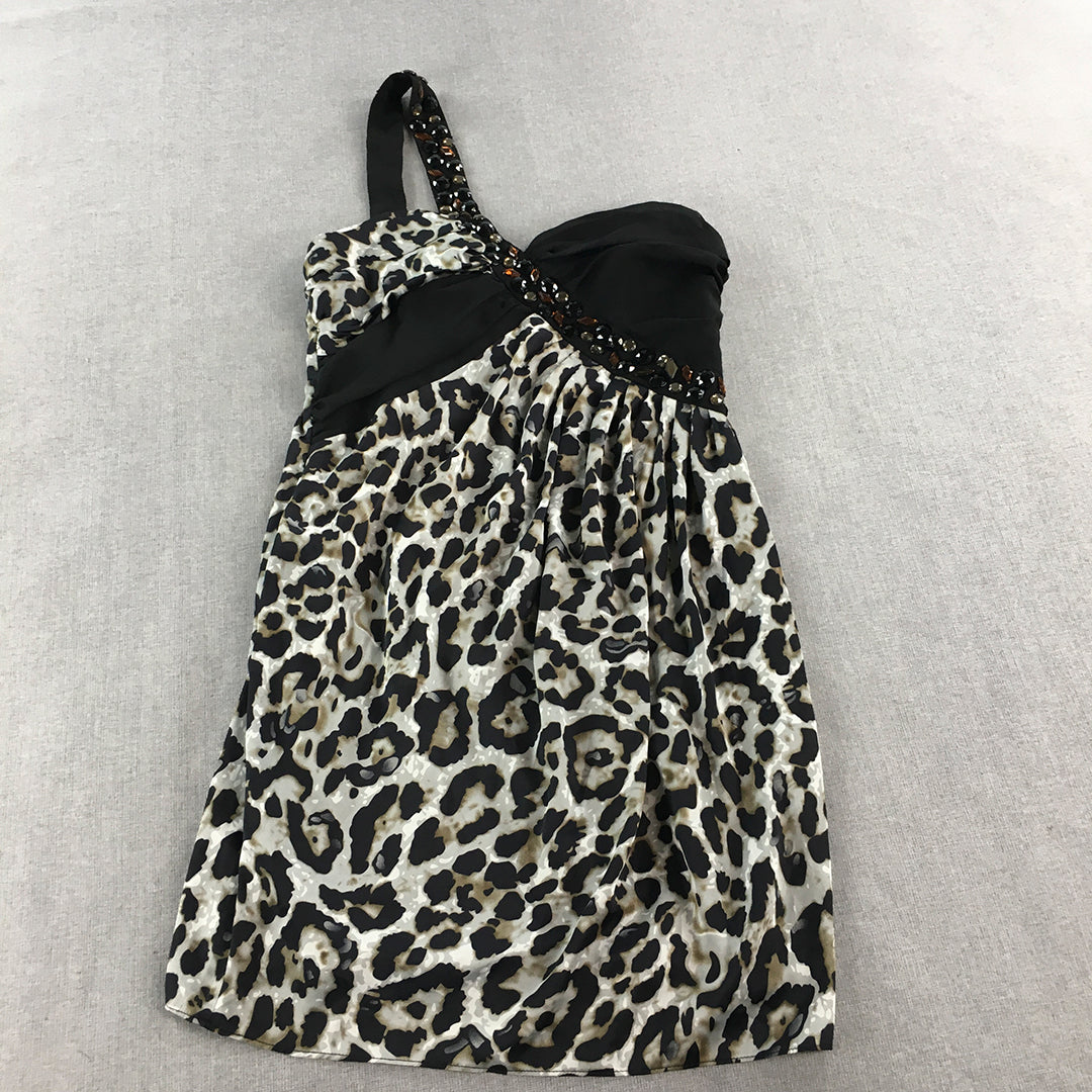 Mei Mei Womens Mini Dress Size 12 Grey Black Animal Print Diamante