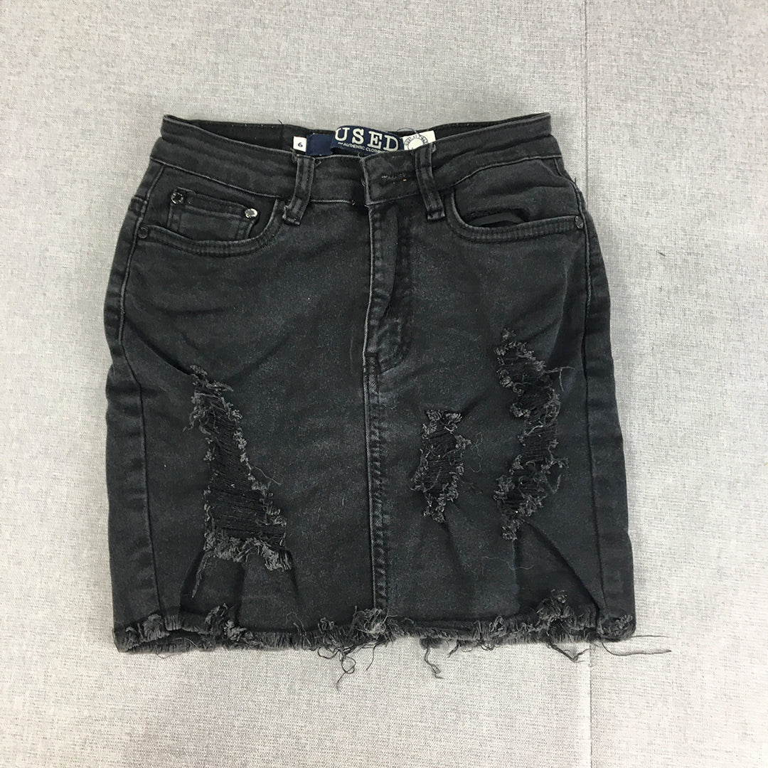 Used Womens Denim Mini Skirt Size 6 Black Raw Hem Distressed Pockets