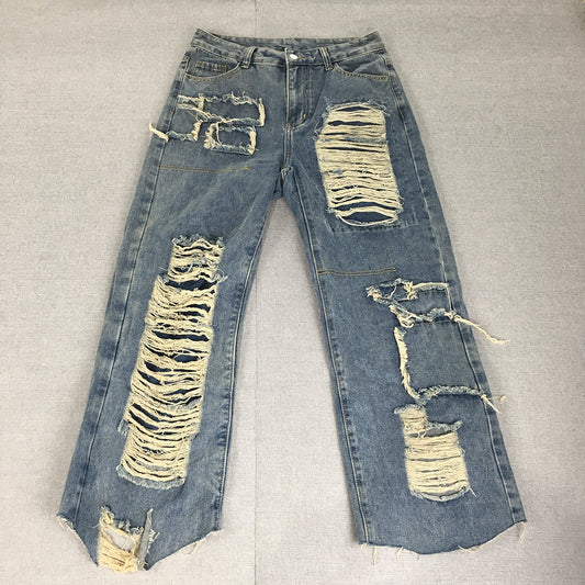 Romwe Womens Jeans Size M Blue Ripped Distressed Straight Leg Denim