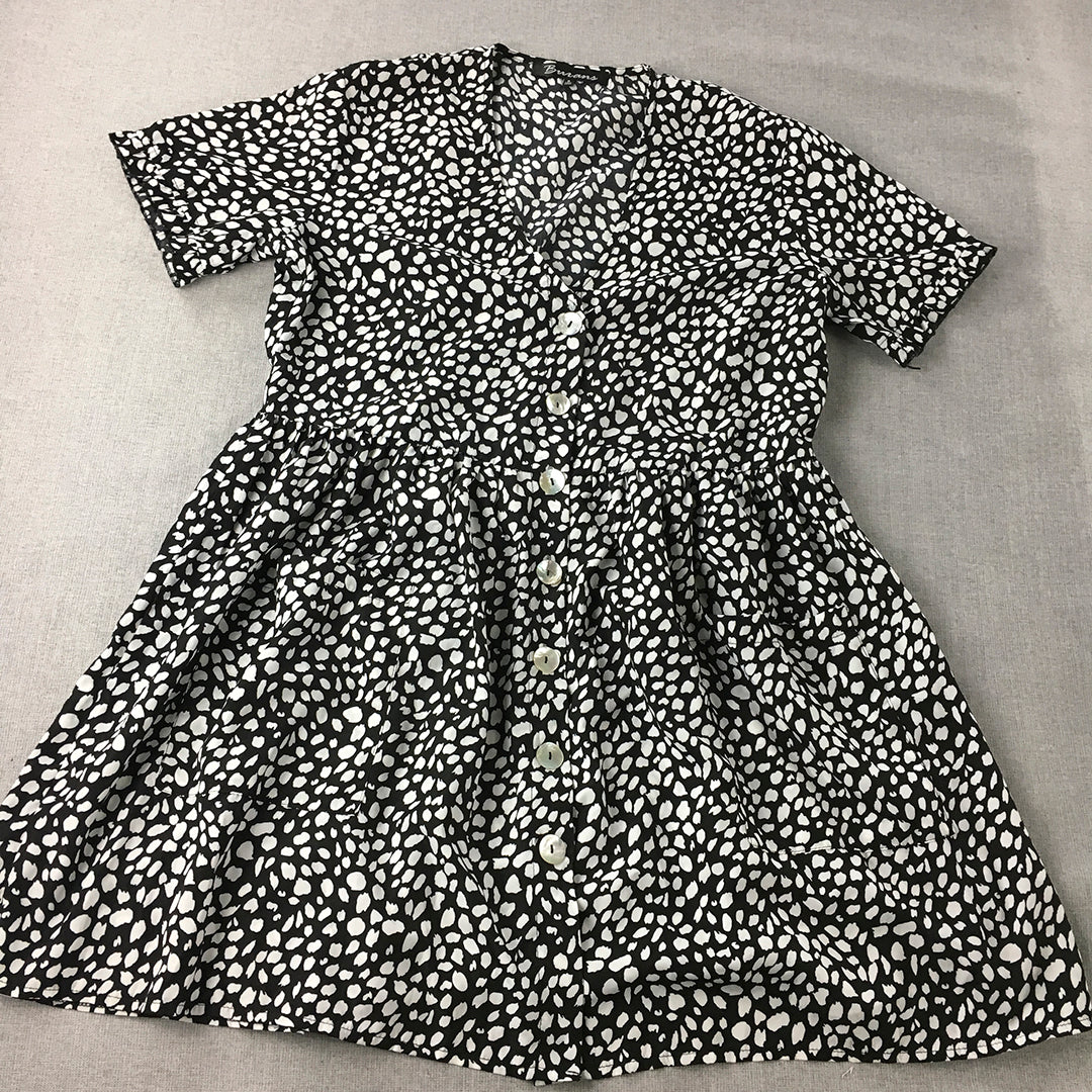 Burans Womens Mini Dress Size 8 Black Button Dot Pleated A-Line Short Sleeve