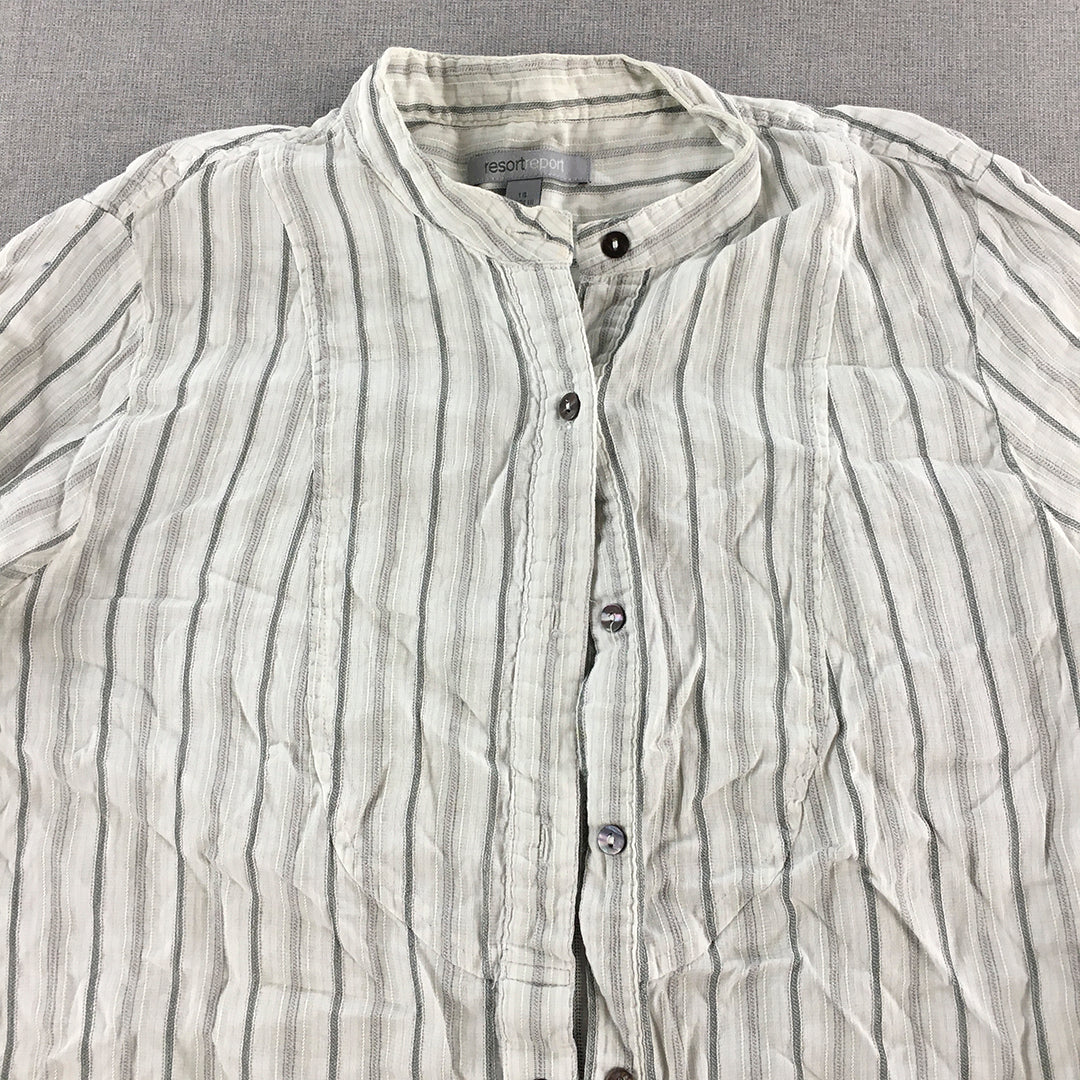 Resort Report Womens Linen Shirt Size 14 Grey White Long Sleeve Button-Up