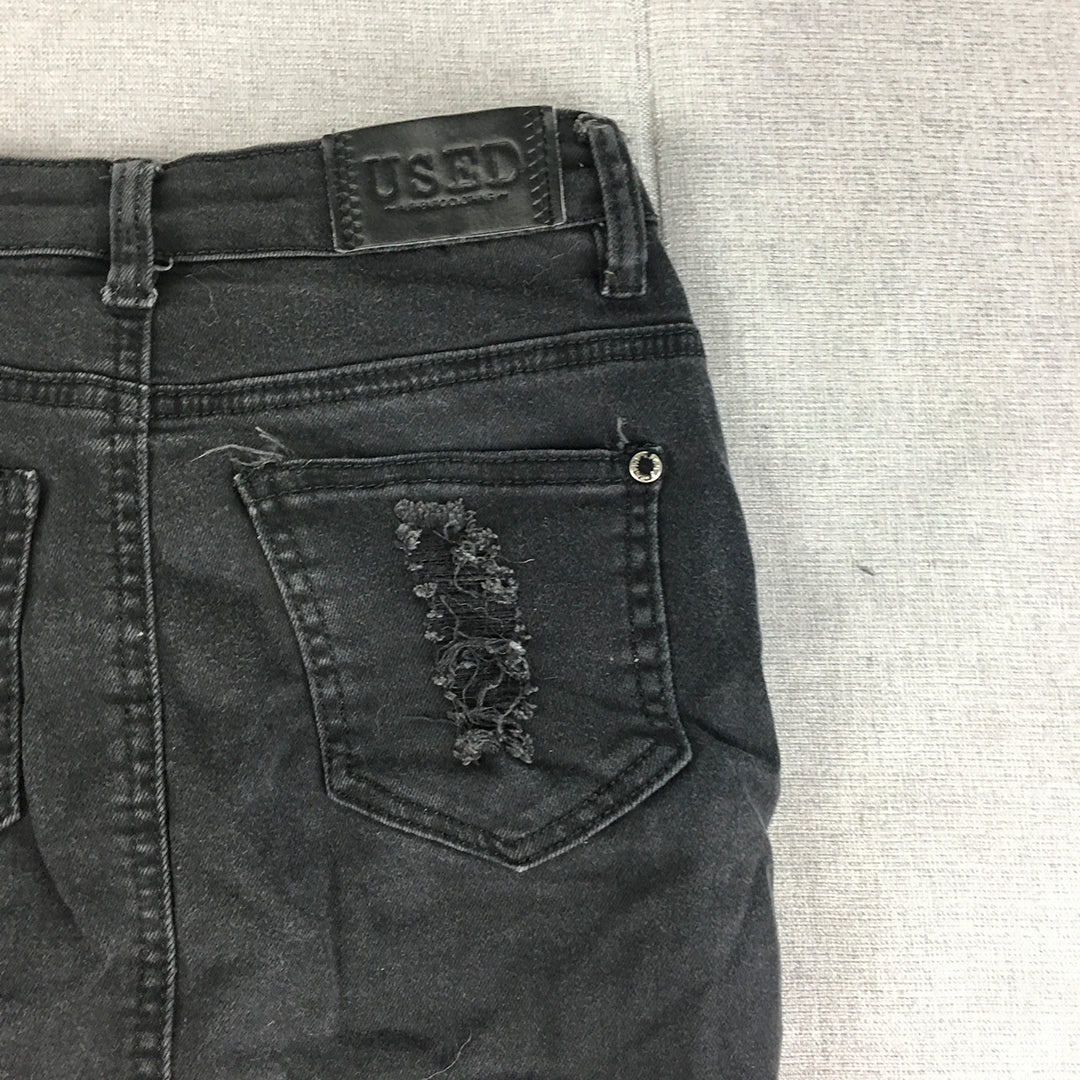 Used Womens Denim Mini Skirt Size 6 Black Raw Hem Distressed Pockets