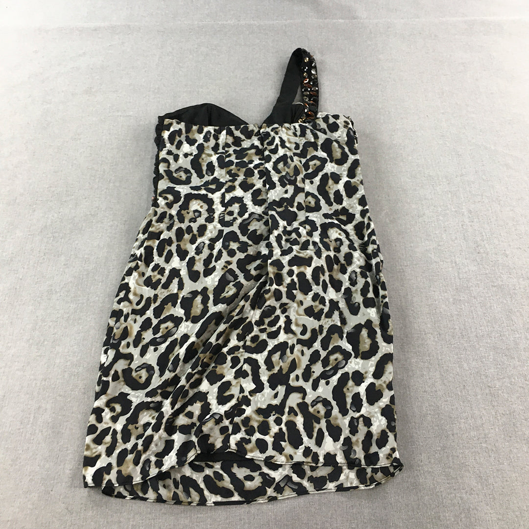 Mei Mei Womens Mini Dress Size 12 Grey Black Animal Print Diamante