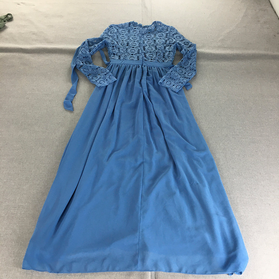 Club L Womens Evening Gown Size L Blue Pleated Floral Lace Maxi Full Length