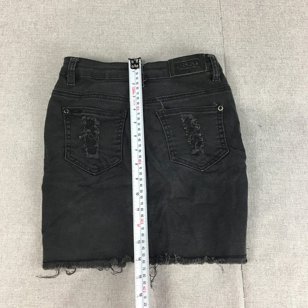 Used Womens Denim Mini Skirt Size 6 Black Raw Hem Distressed Pockets