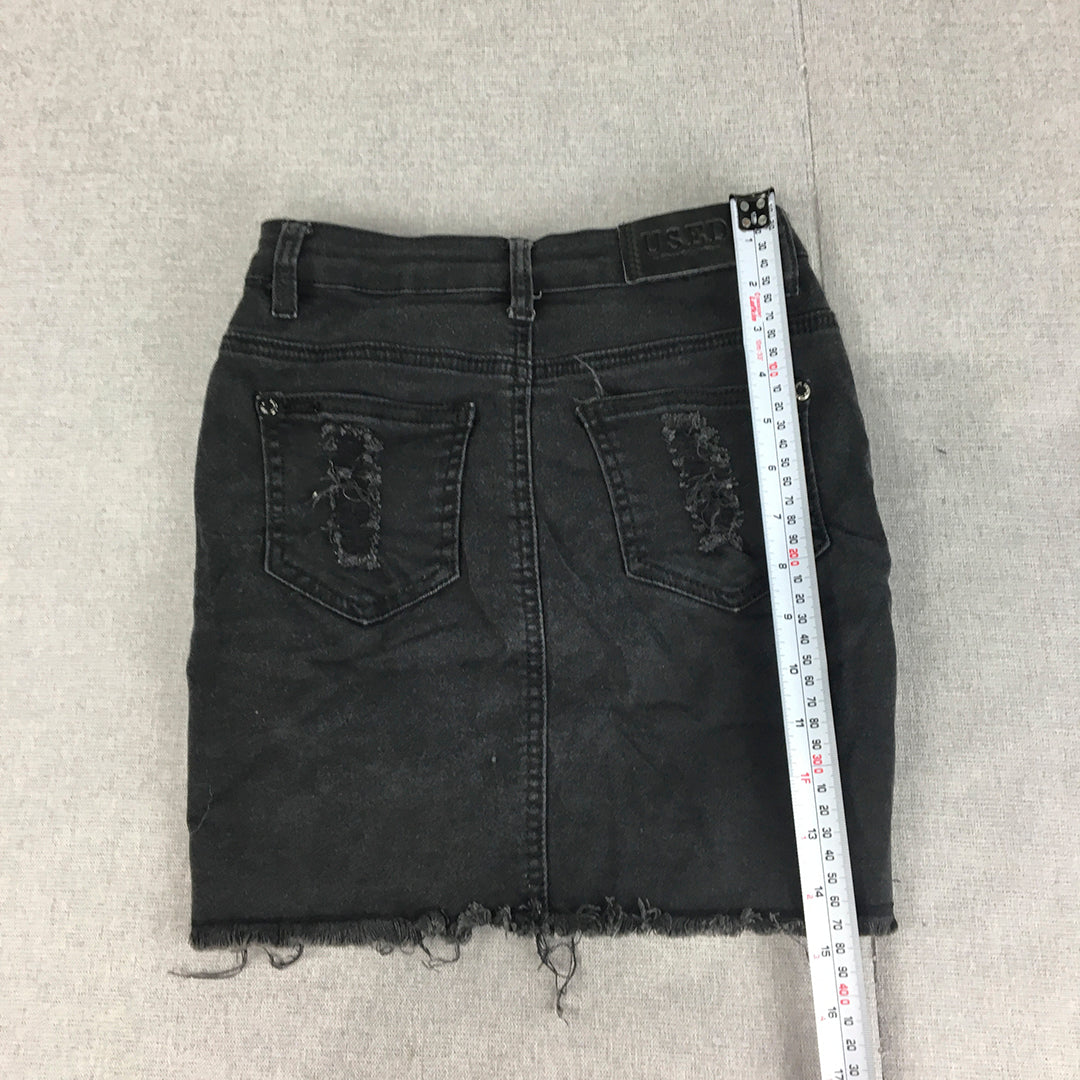 Used Womens Denim Mini Skirt Size 6 Black Raw Hem Distressed Pockets