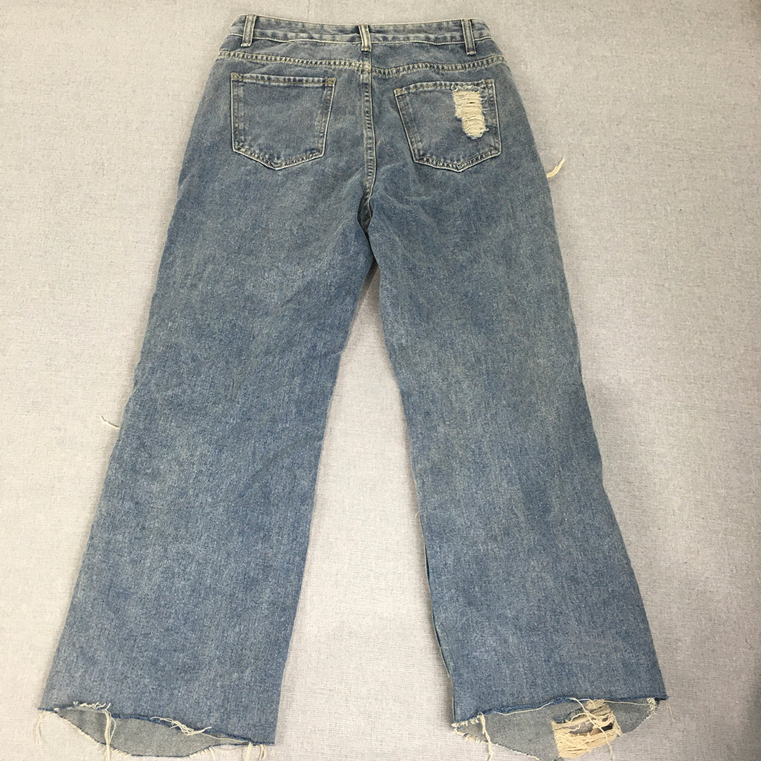 Romwe Womens Jeans Size M Blue Ripped Distressed Straight Leg Denim