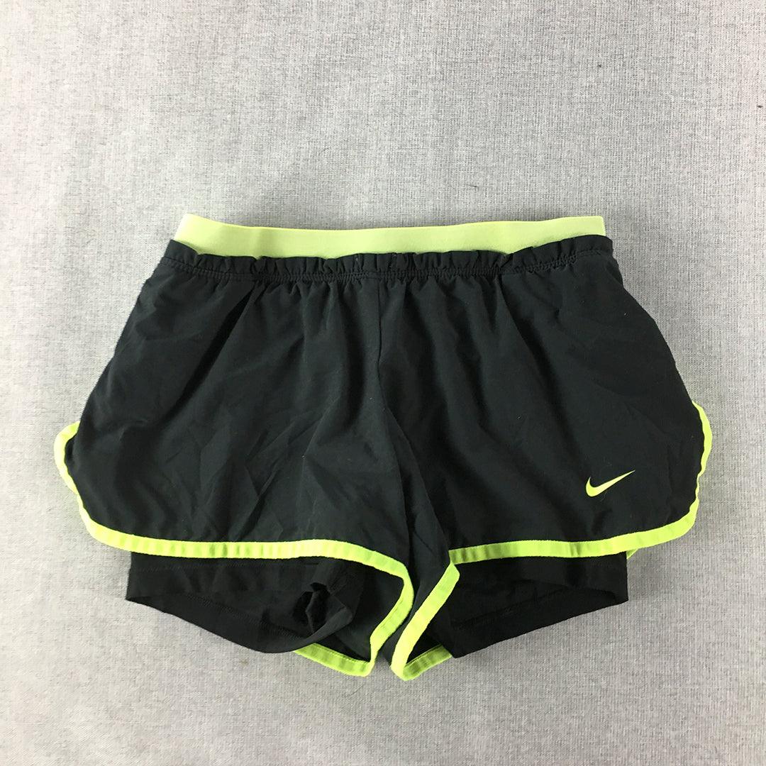 Nike Womens Running Shorts Size XS Black Yellow Logo Elastic Waist