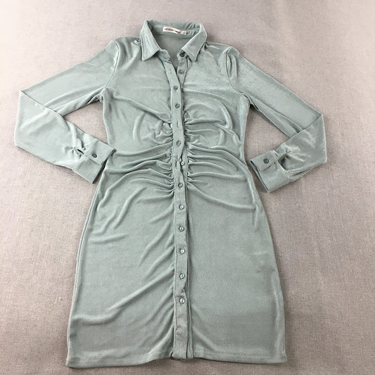 Morning Mist Womens Bodycon Shirt Dress Size 10 Blue Stretch Fabric Button