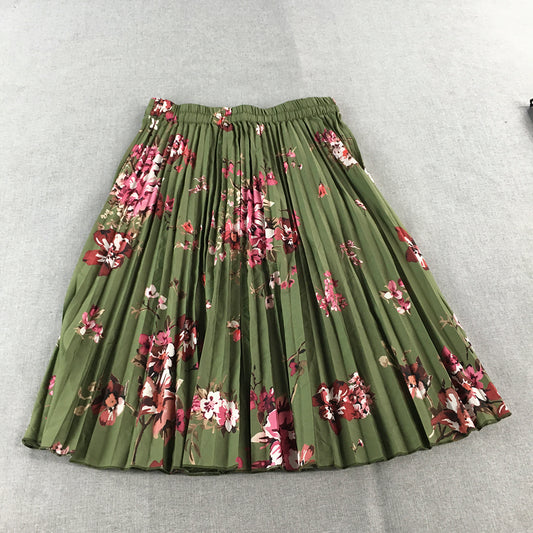 Sassafras Womens A-Line Skirt Size M Green Floral Pleated Elastic Waist