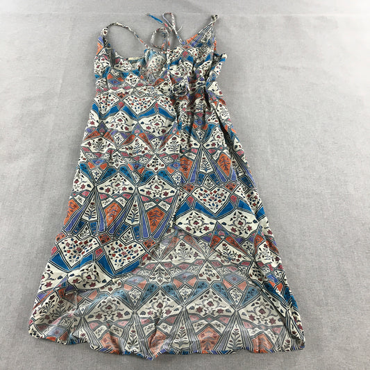 Tigerlily Womens 100% Silk Dress Size 8 White Blue Floral A-Line Sleeveless