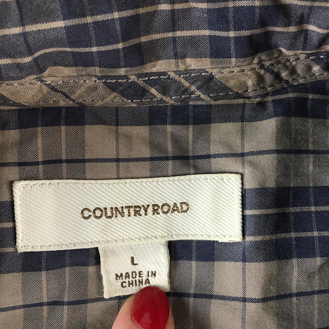 Country Road Mens Shirt Size L Grey Checkered Short Sleeve Button-Up