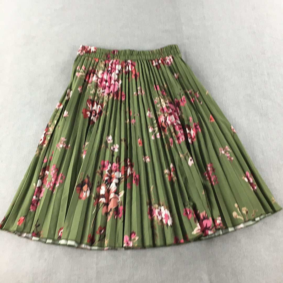 Sassafras Womens A-Line Skirt Size M Green Floral Pleated Elastic Waist