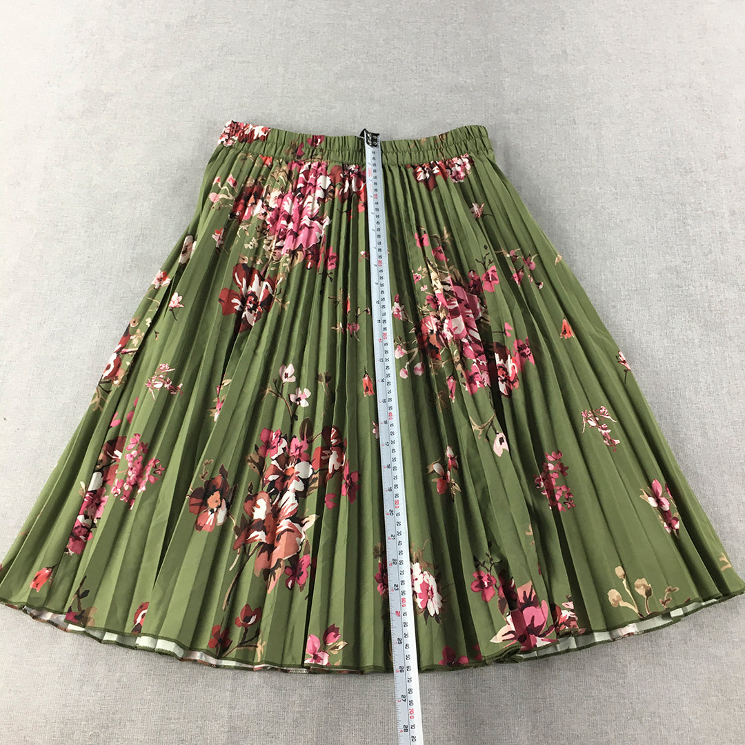 Sassafras Womens A-Line Skirt Size M Green Floral Pleated Elastic Waist