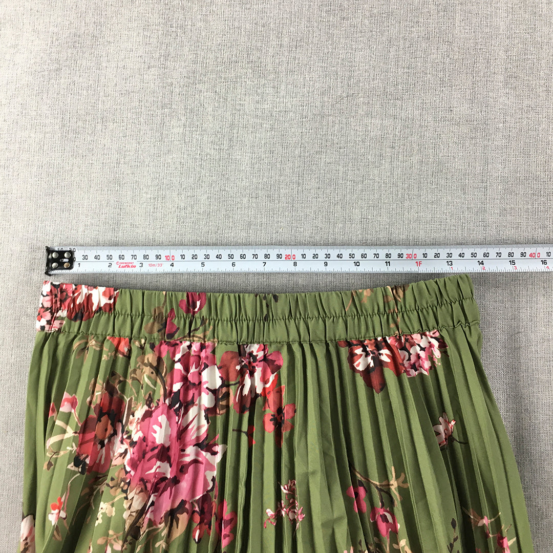 Sassafras Womens A-Line Skirt Size M Green Floral Pleated Elastic Waist