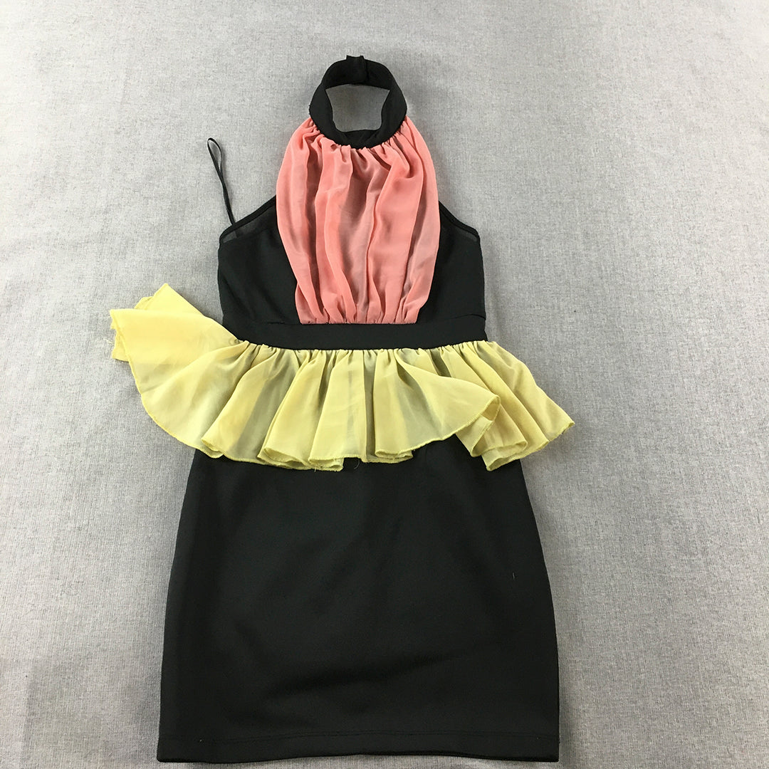 Blossom Womens Halter Neck Dress Size 6 Blck Pink Yellow Ruffled Frilled Mini