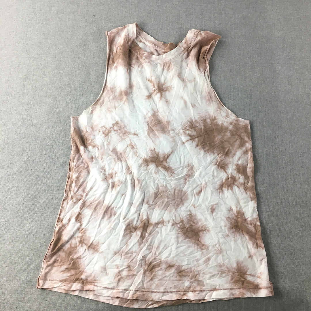 Lorna Jane Womens Tank Top Size L White Brown Tie-Dye Sleeveless Shirt