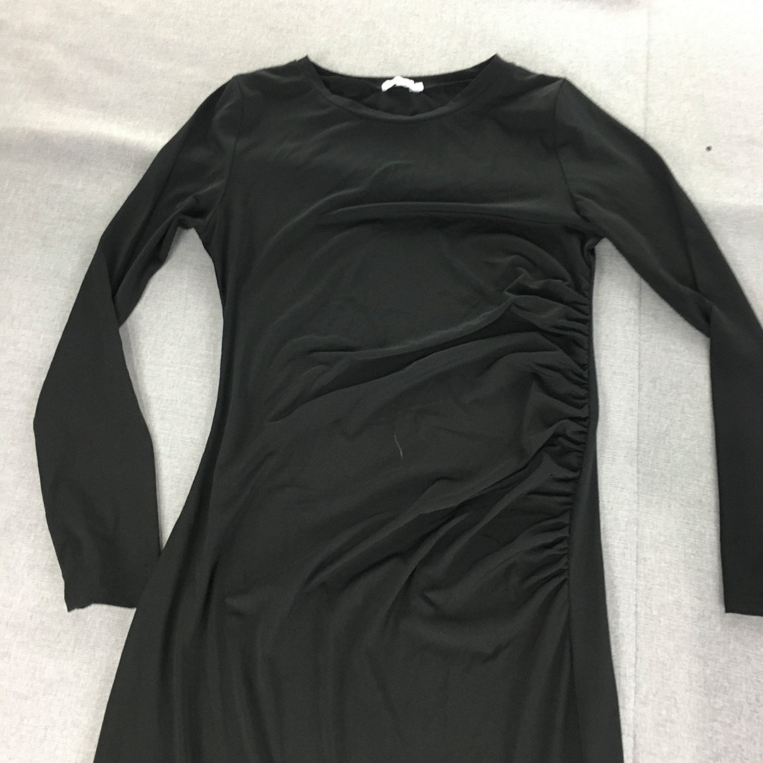 Valleygirl Womens Cocktail Dress Size L Black Ruched Midi Long Sleeve Stretch