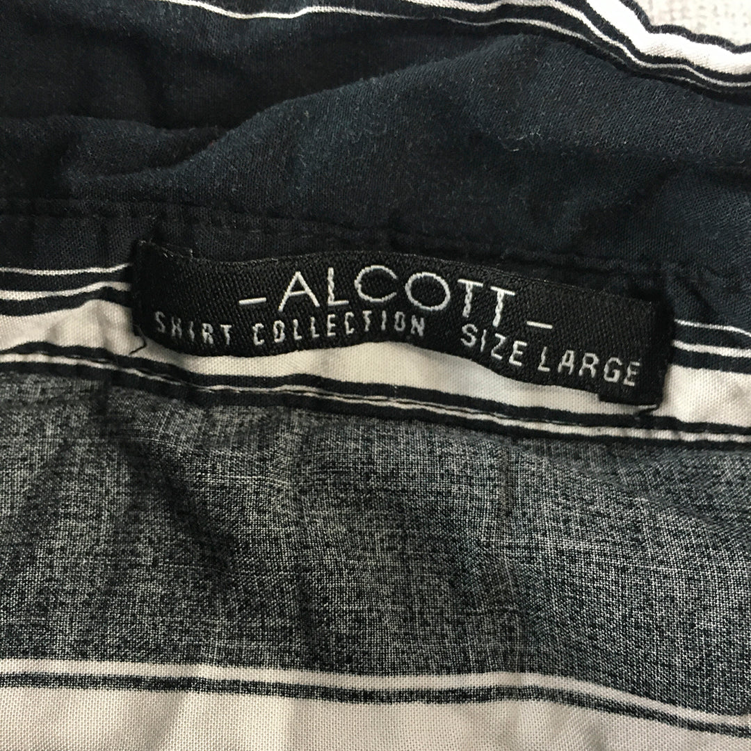 Alcott Womens Shirt Size L Navy Blue Striped Button-Up Collared