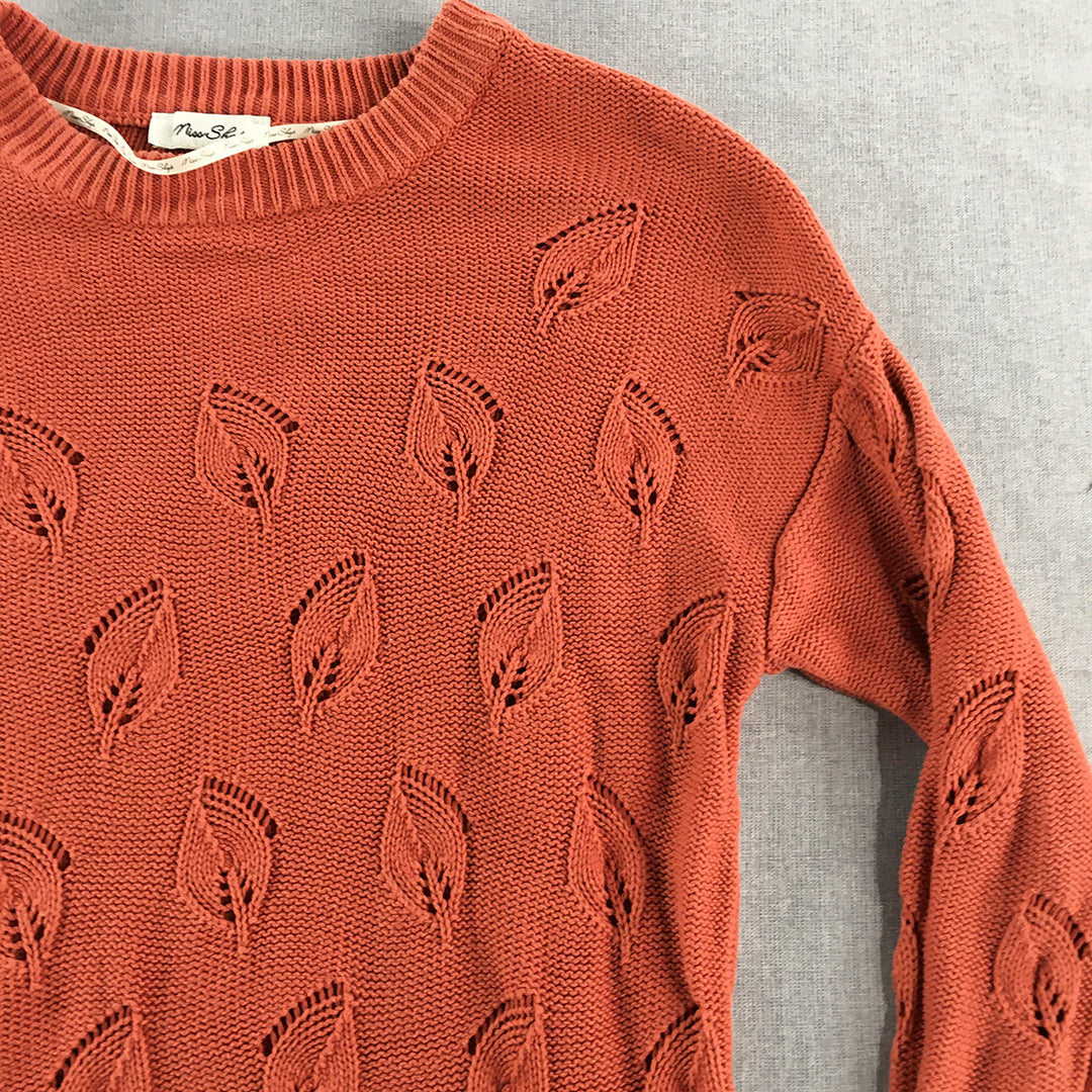 Miss Shop Womens Knit Sweater Size S Rust Red Leaf Pattern Jumper