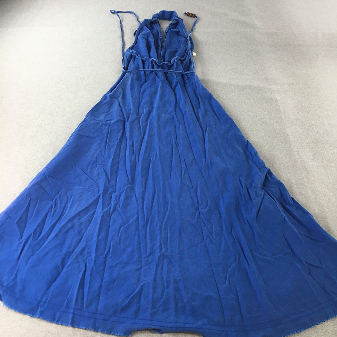 Zara Womens Linen Dress Size XS Blue Fit & Flare Sleeveless Halter Neck Midi