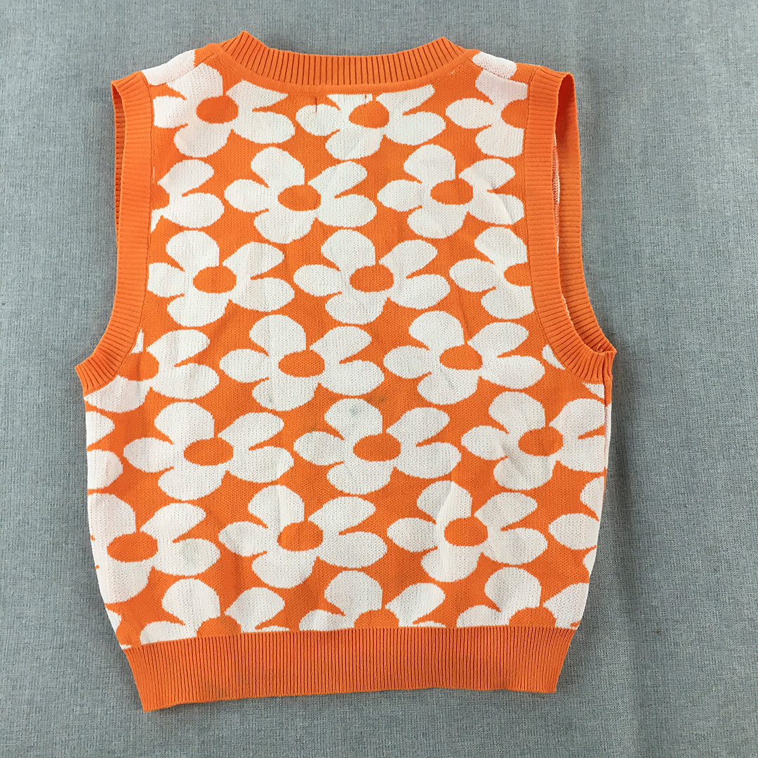 Valleygirl Womens Knit Vest Size S Orange Floral Sleeveless Top