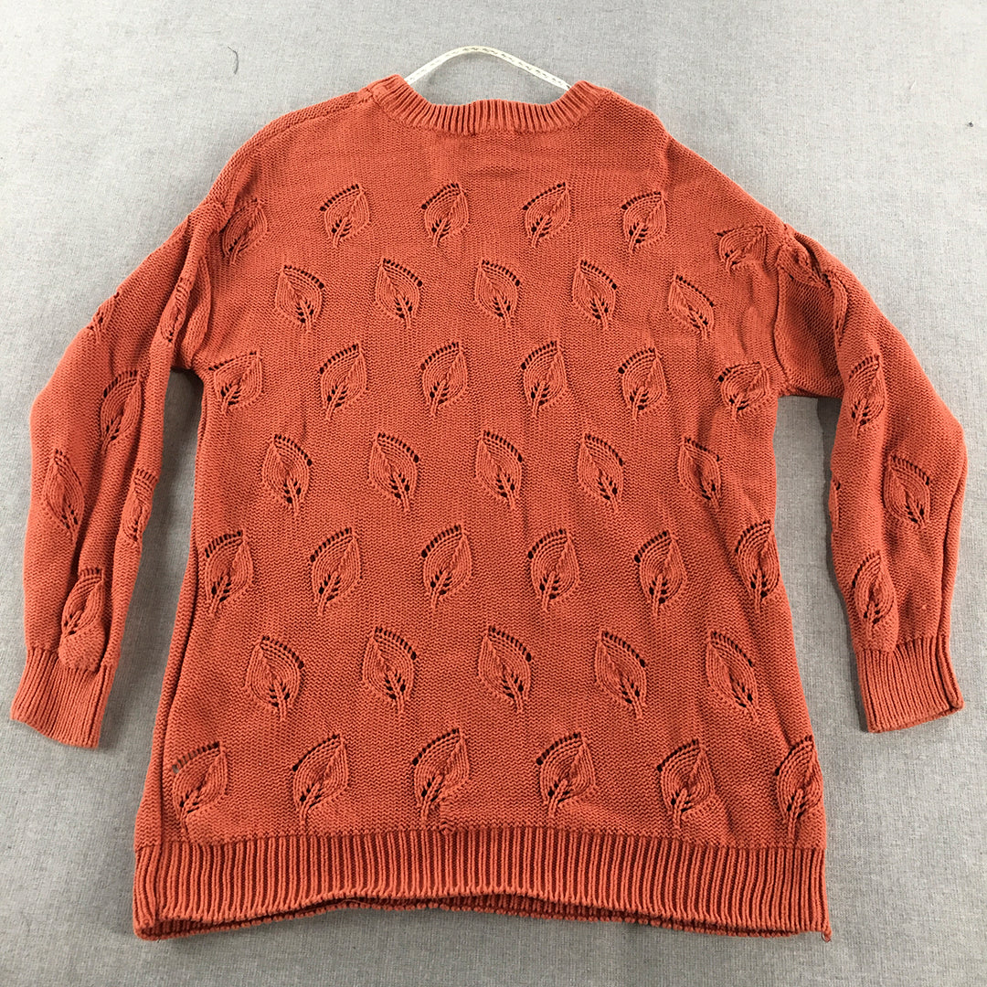 Miss Shop Womens Knit Sweater Size S Rust Red Leaf Pattern Jumper