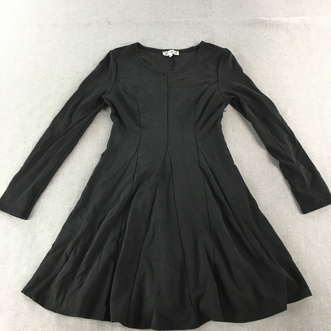 Showpo Womens Mini Dress Size 10 Black Long Sleeve Pleated Fit Flare