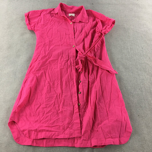 Cali & Co Womens Linen Shirt Dress Size M/L Hot Pink Button Up Short Sleeve