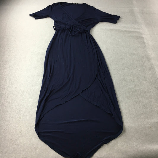 Boohoo Womens Wrap Dress Size 8 Navy Blue Tie-Up Midi Stretch