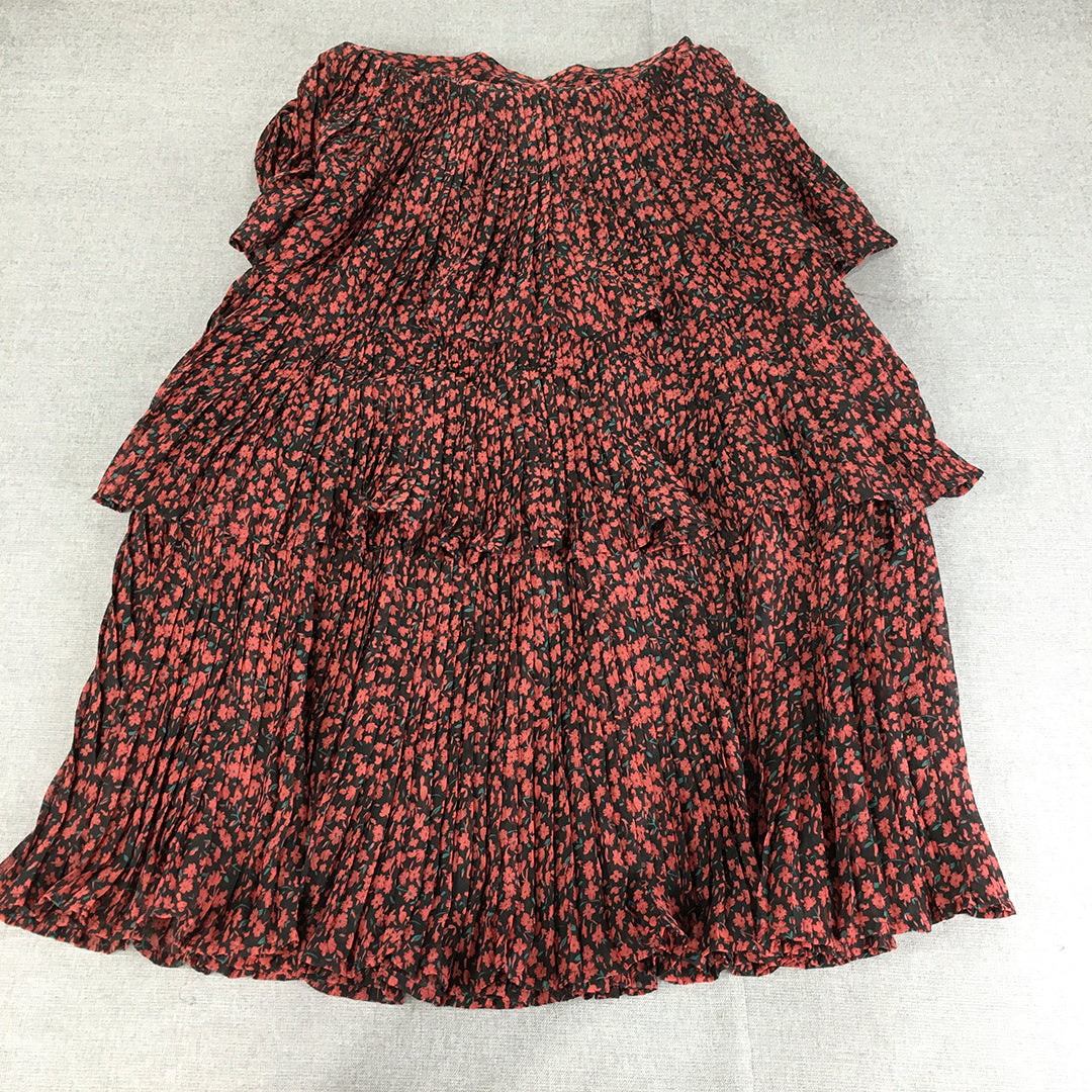 Ally Womens Skirt Size 10 Black & Red Floral Tiered Elastic Waist