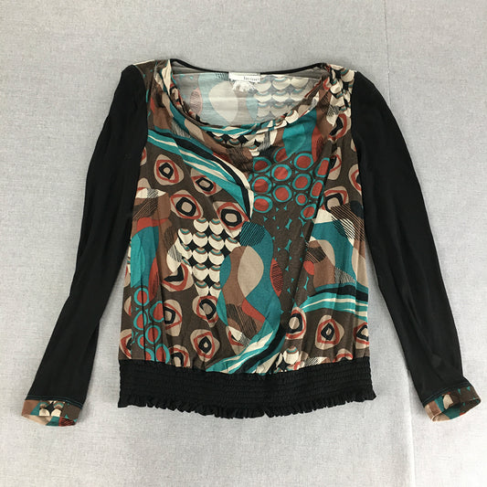 Heine Womens Shirt Size M Black Brown Abstract Cowl Neck Long Sleeve Blouse