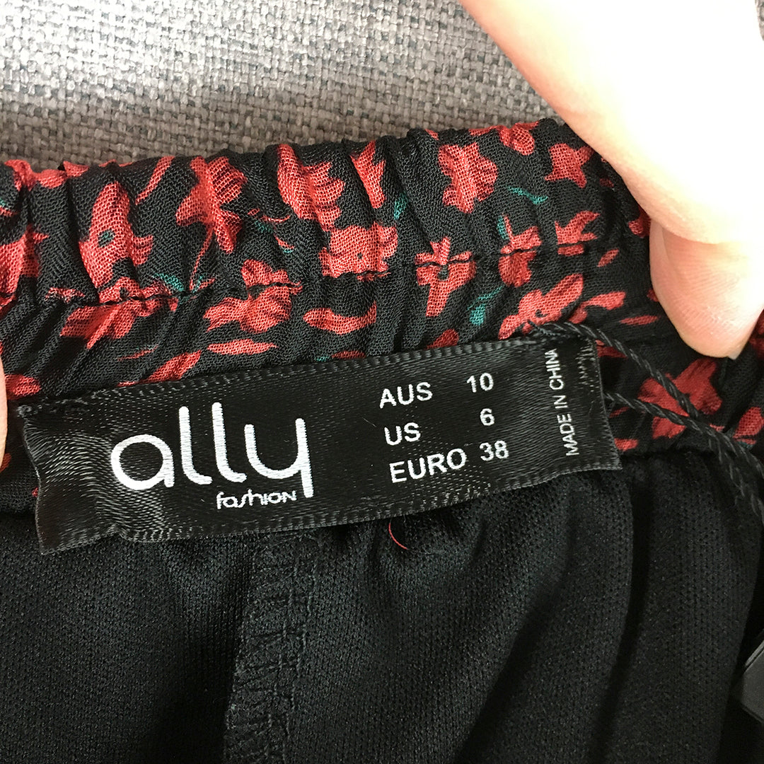 Ally Womens Skirt Size 10 Black & Red Floral Tiered Elastic Waist