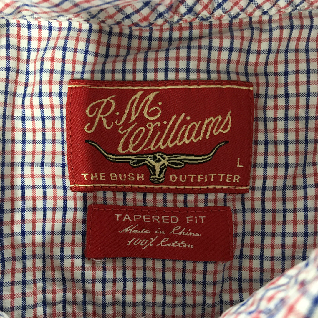 RM Williams Mens Shirt Size L White Red Blue Checkered Button-Up Pockets