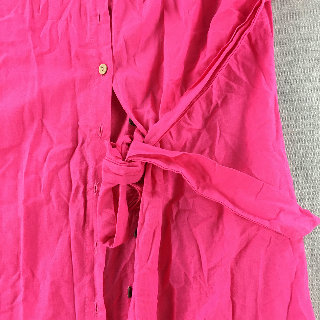 Cali & Co Womens Linen Shirt Dress Size M/L Hot Pink Button Up Short Sleeve