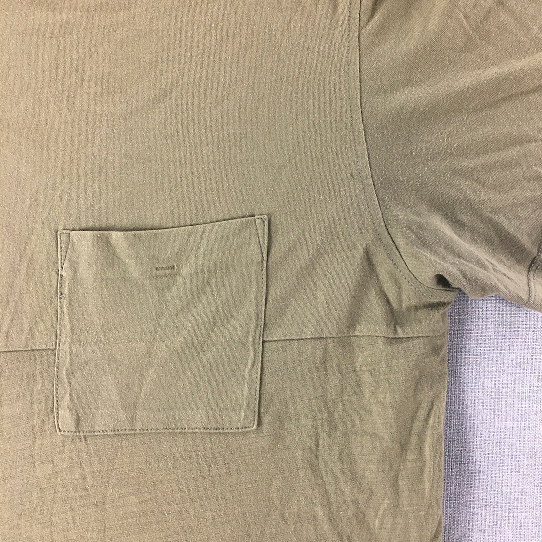 Trenery Mens T-Shirt Size L Khaki Military Green Short Sleeve Pocket Tee