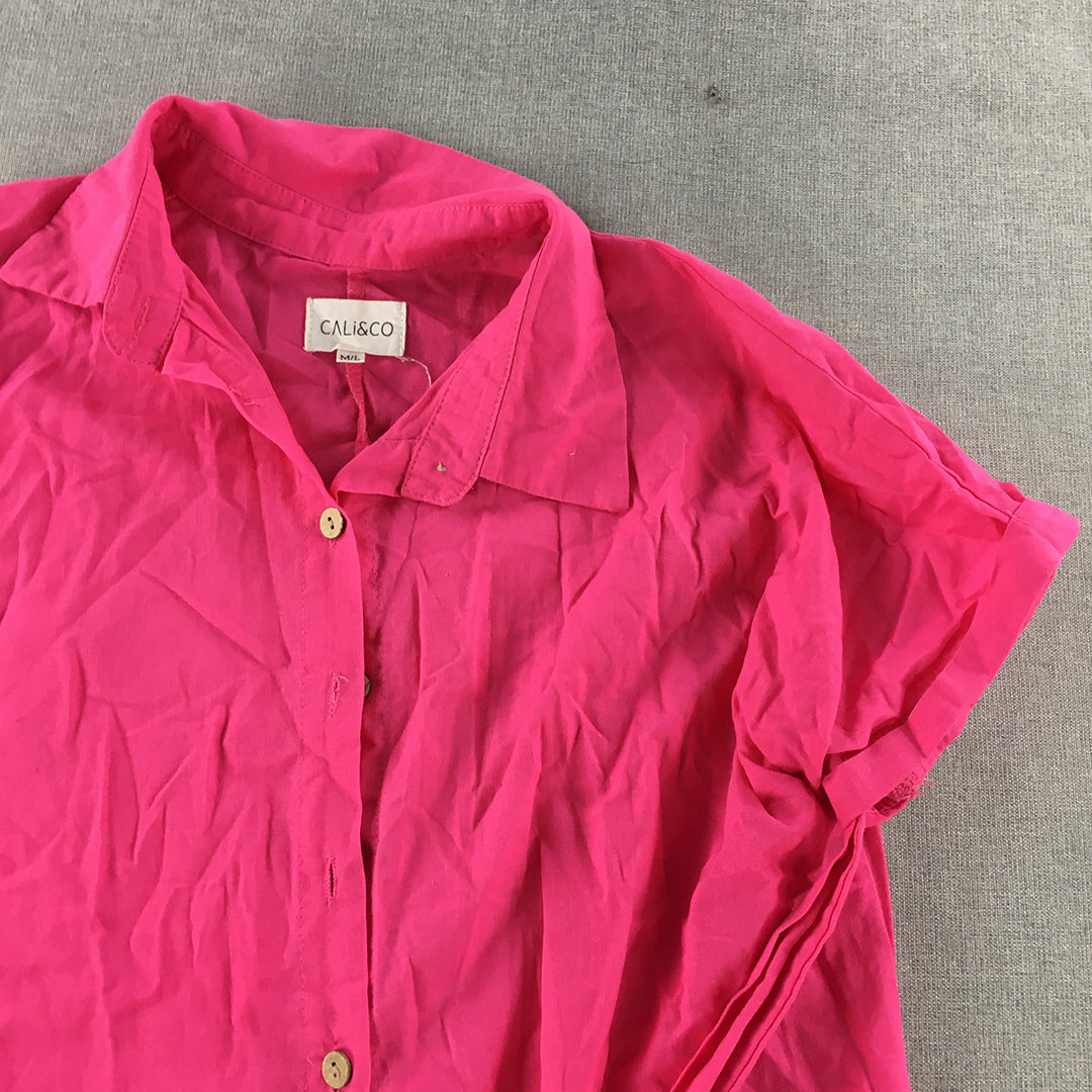 Cali & Co Womens Linen Shirt Dress Size M/L Hot Pink Button Up Short Sleeve