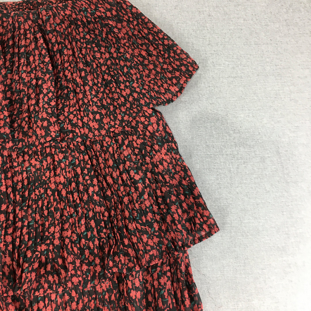 Ally Womens Skirt Size 10 Black & Red Floral Tiered Elastic Waist