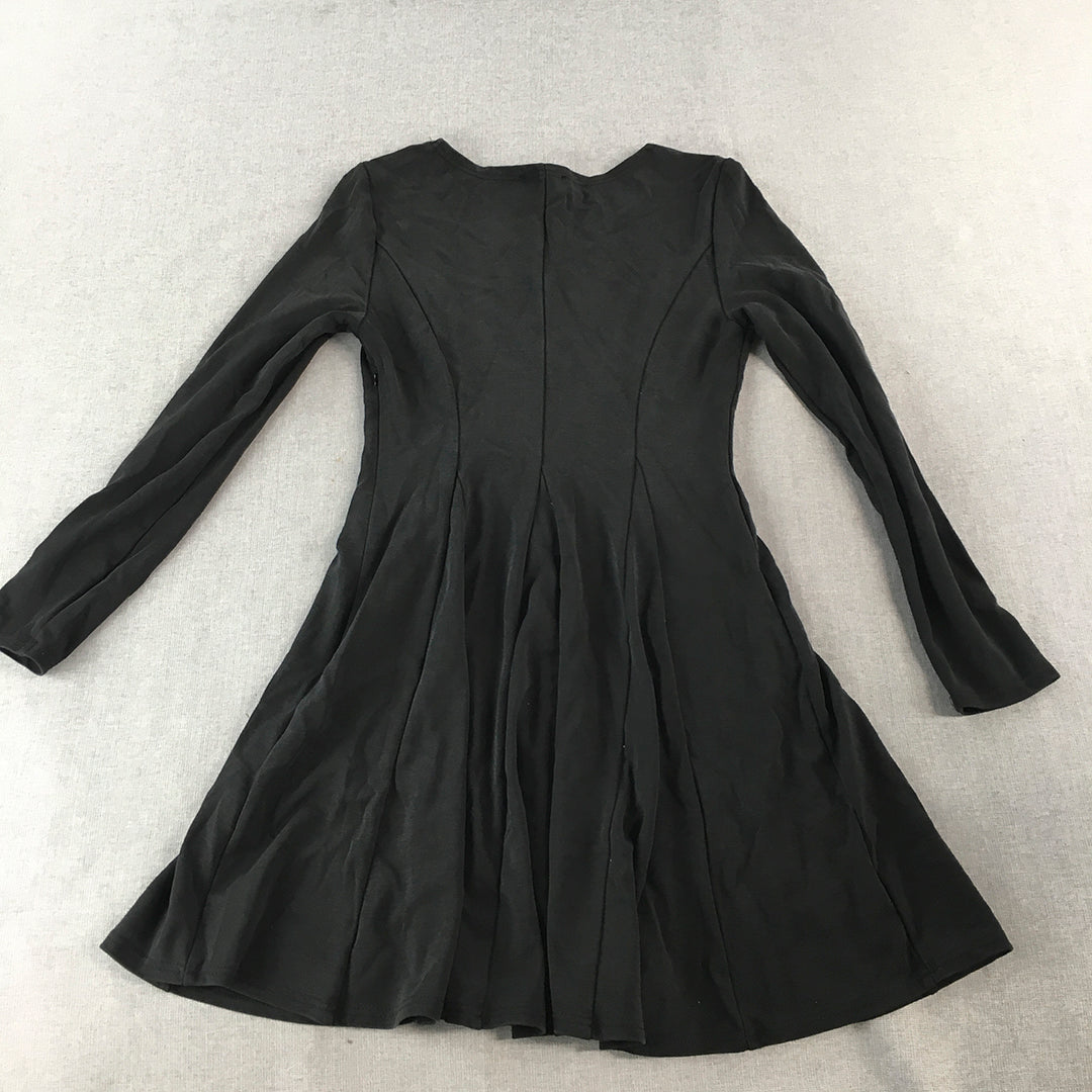 Showpo Womens Mini Dress Size 10 Black Long Sleeve Pleated Fit Flare