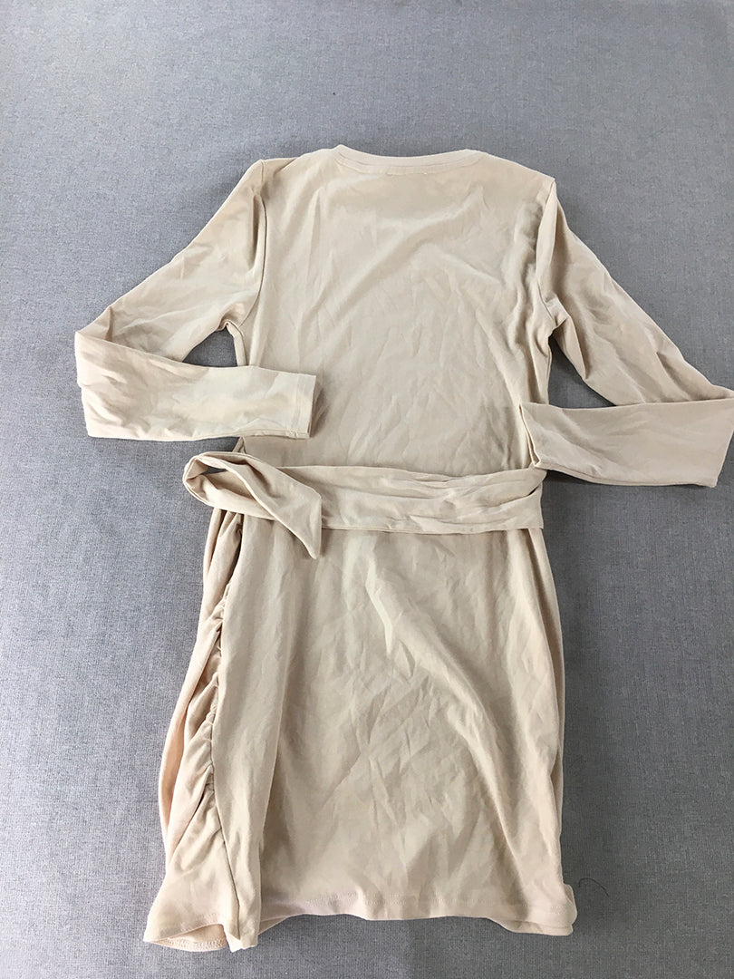 Runaway Womens Wrap Dress Size S Cream Beige Ruched Mini Long Sleeve