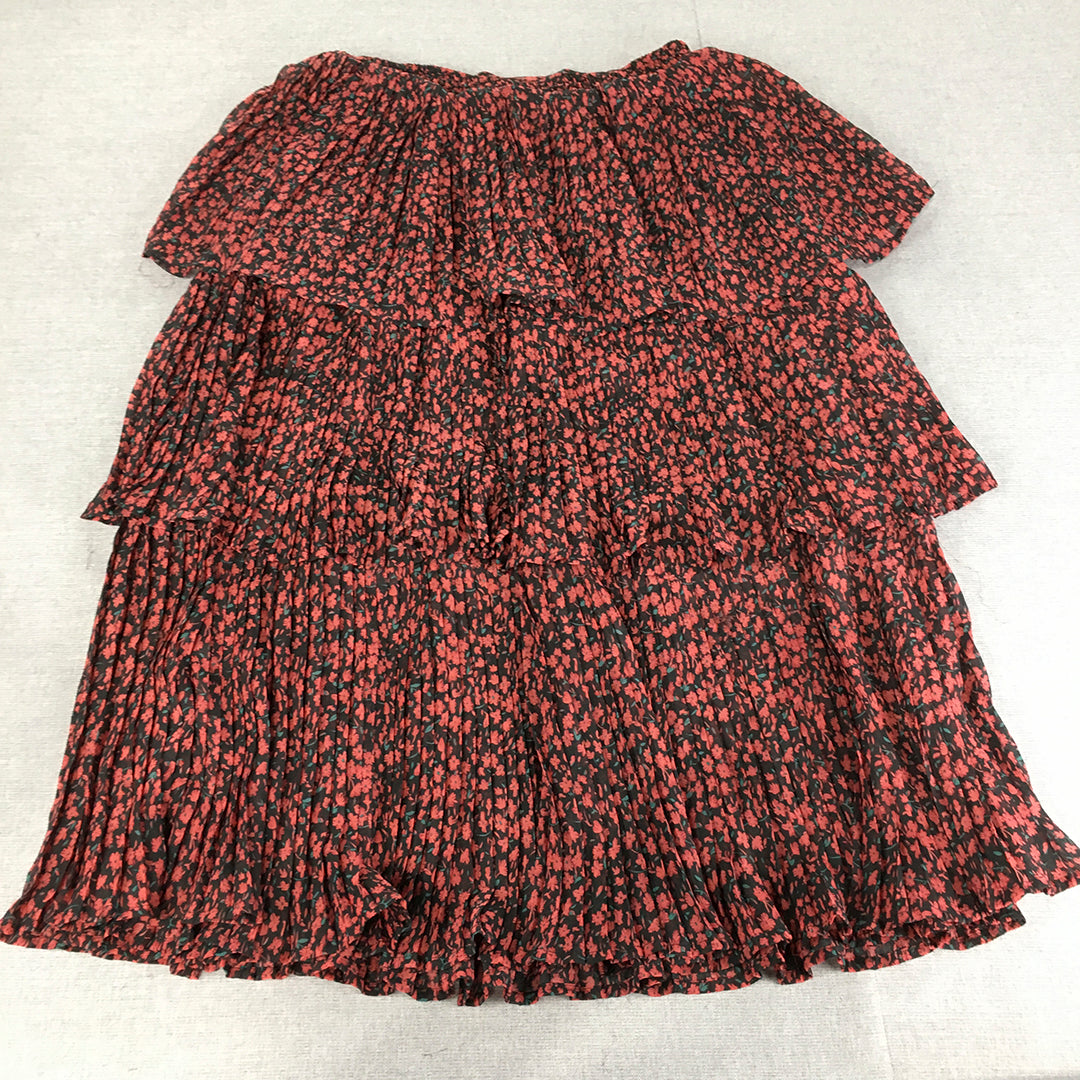 Ally Womens Skirt Size 10 Black & Red Floral Tiered Elastic Waist