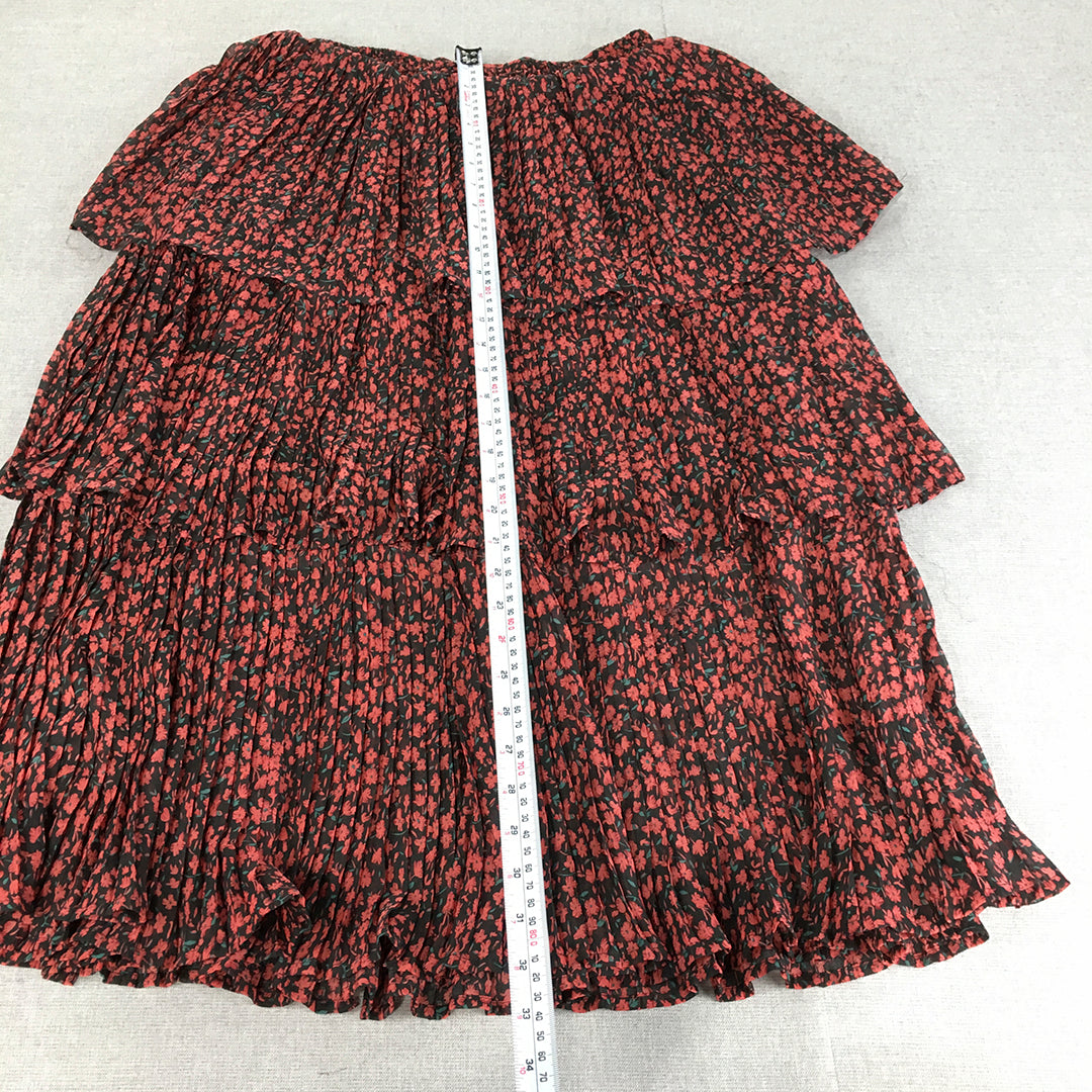 Ally Womens Skirt Size 10 Black & Red Floral Tiered Elastic Waist