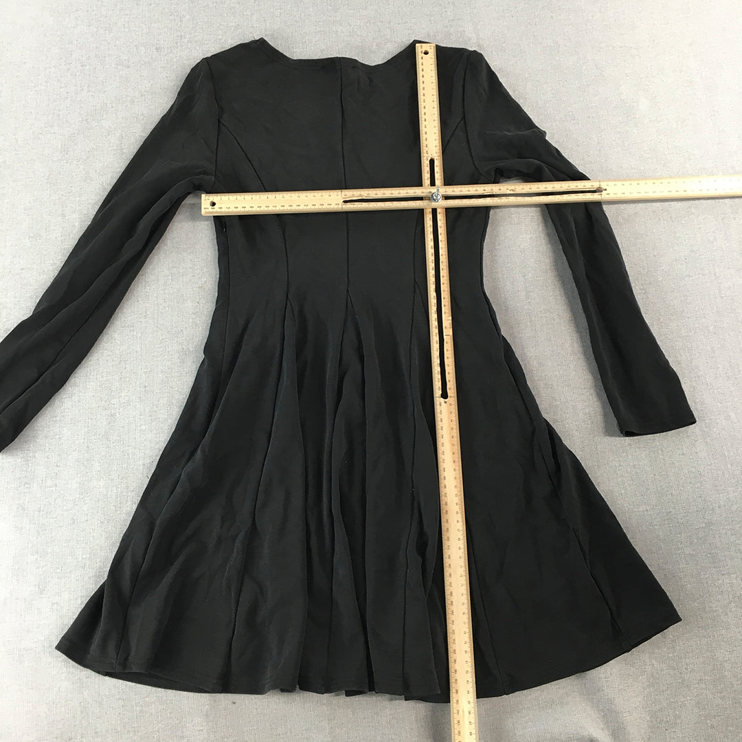 Showpo Womens Mini Dress Size 10 Black Long Sleeve Pleated Fit Flare