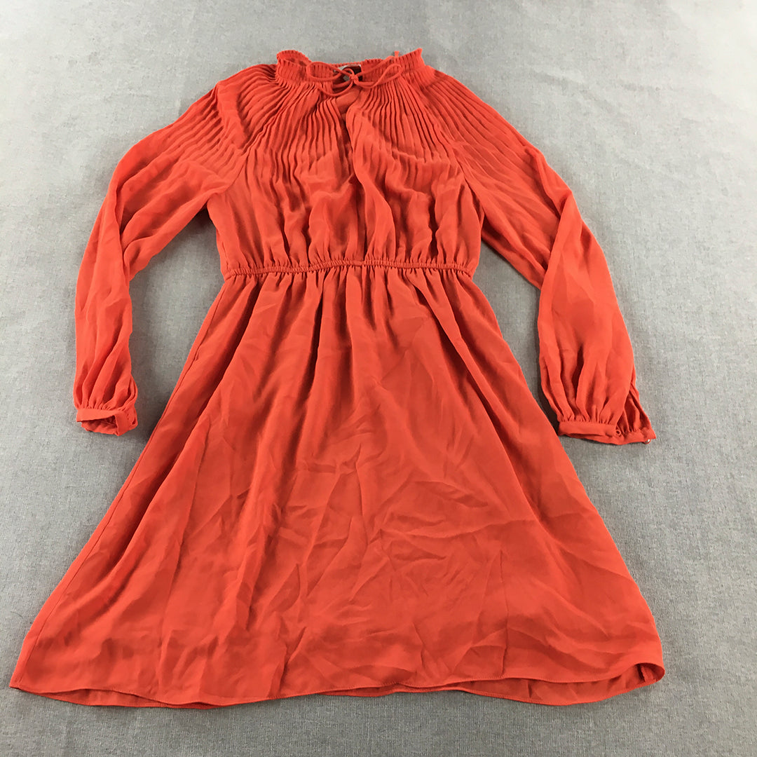 H&M Womens Mini Dress Size XS Orange Fit & Flare Long Sleeve Pleated