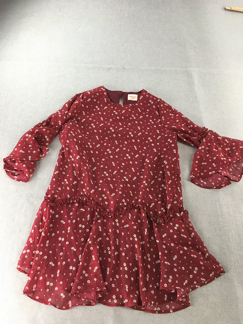 Showpo Womens A-Line Dress Size 12 Red Floral Long Flared Sleeves Midi