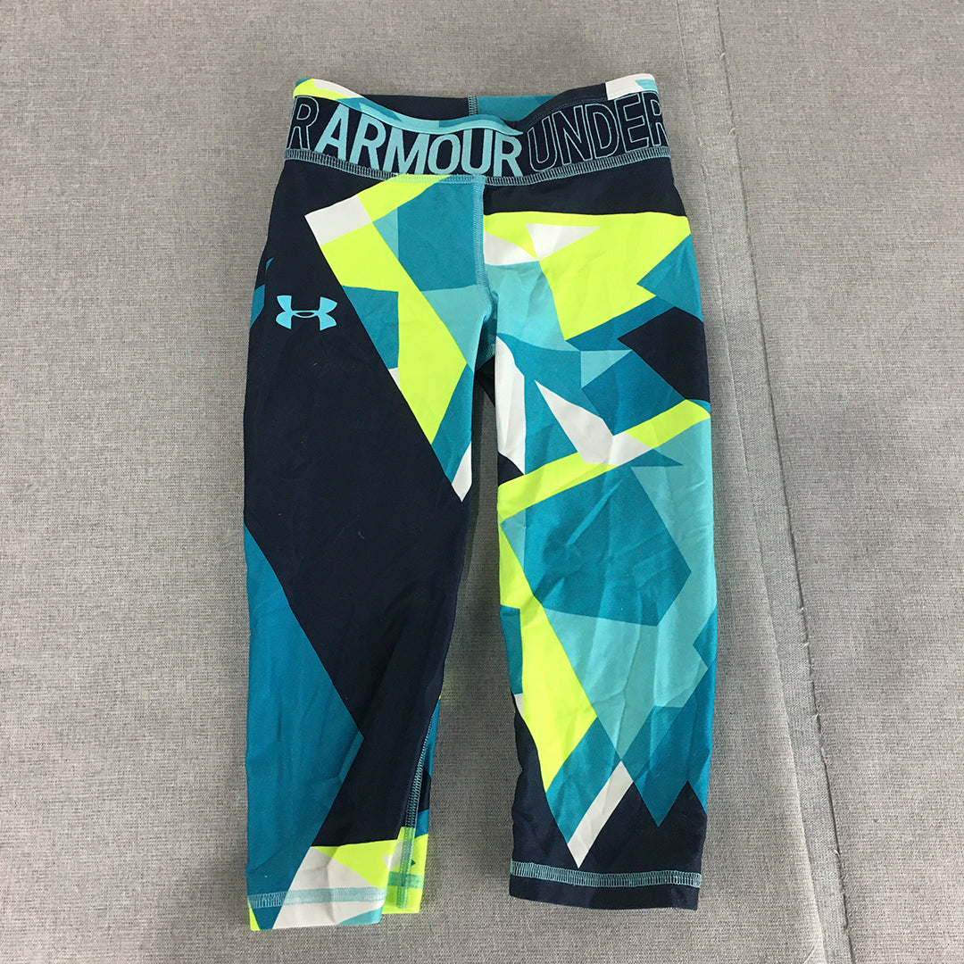 Under Armour Kids Girls Leggings Youth Size S (8 - 10 Years) Blue Geometric Logo