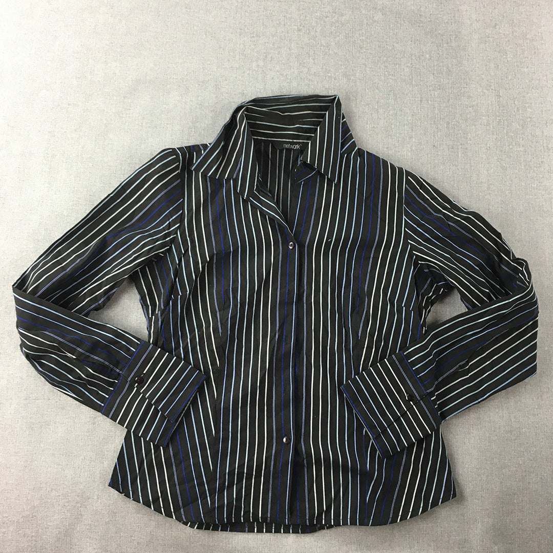 Network Womens Shirt Size M Black Striped Long Sleeve Button-Up Collared