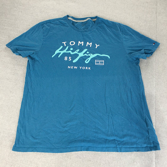 Tommy Hilfiger Mens T-Shirt Size L Blue Big Logo Short Sleeve Crew Neck