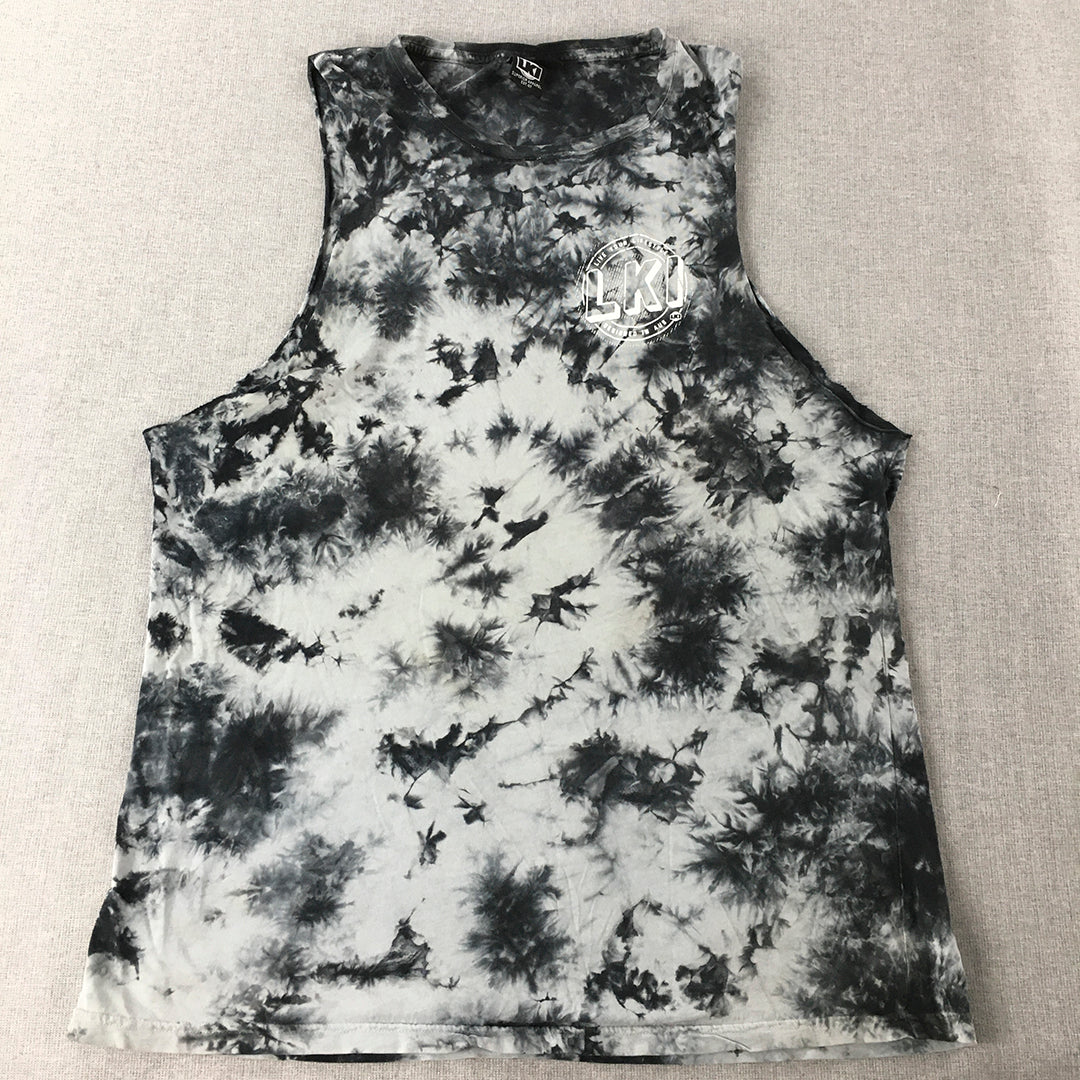 LKI Mens Tank Top Size L Black White Tie-Dye Sleeveless Crew Neck Shirt